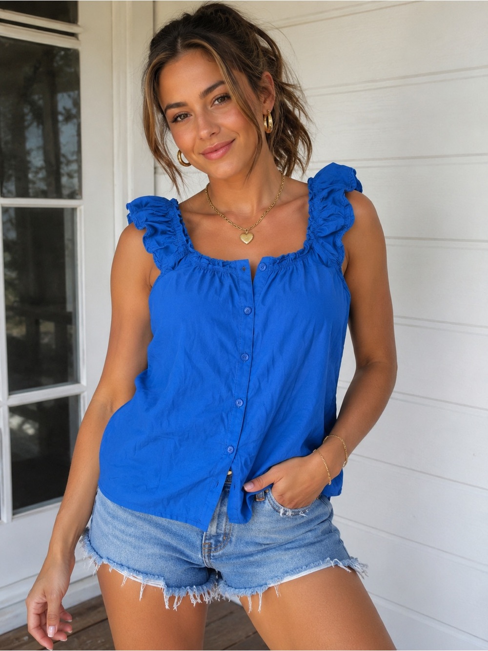 Ruffle Strap Button-Front Tank Top - Cobalt Blue